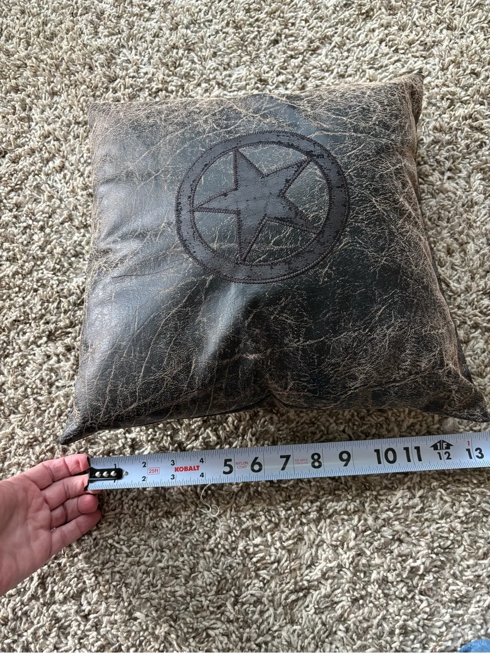 Distressed Brown Faux Leather Star Accent Pillow Texas